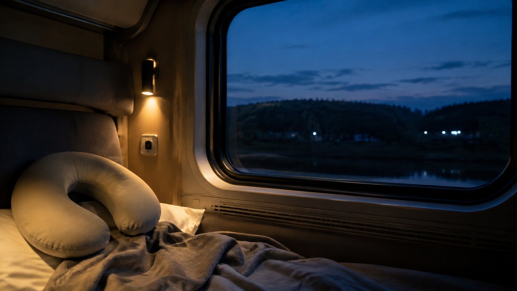 Cómo probar una almohada de viaje antes de un trayecto nocturno — Imagen 1 Almohada cervical en un asiento junto a la ventanilla de un tren nocturno