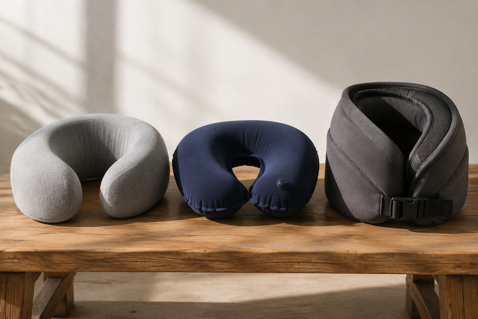 Tres diseños de almohada de viaje comparados sobre un banco de madera