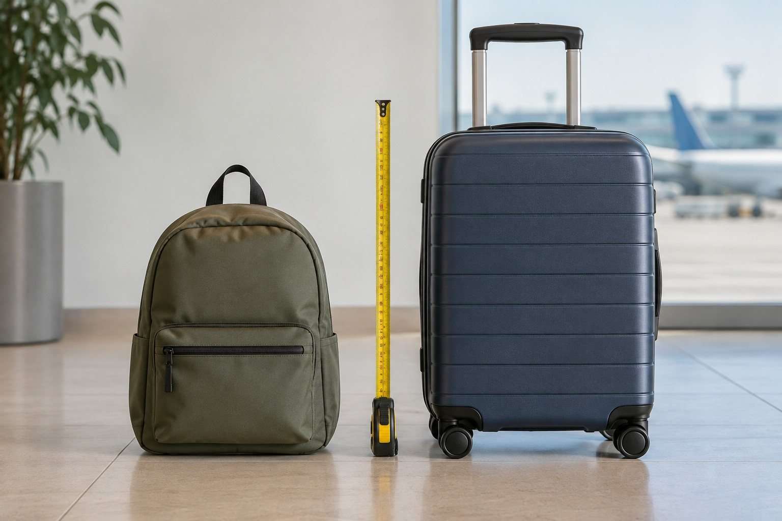 Mochila y maleta de cabina colocadas junto a una cinta métrica